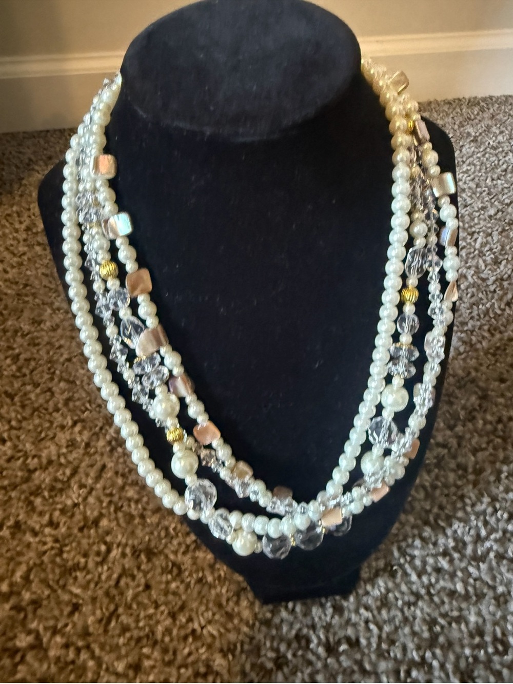 Multi-Strand Pearl and Bead Statement Necklace - White and Gold Accent 12